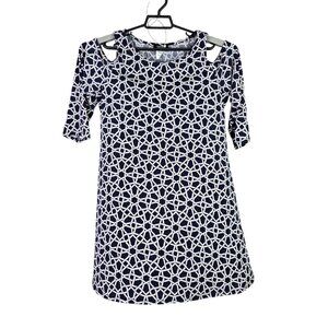 Womens MSK Navy & White Geometric Print Cold Shoulder Dress 3/4 Sleeve Size L